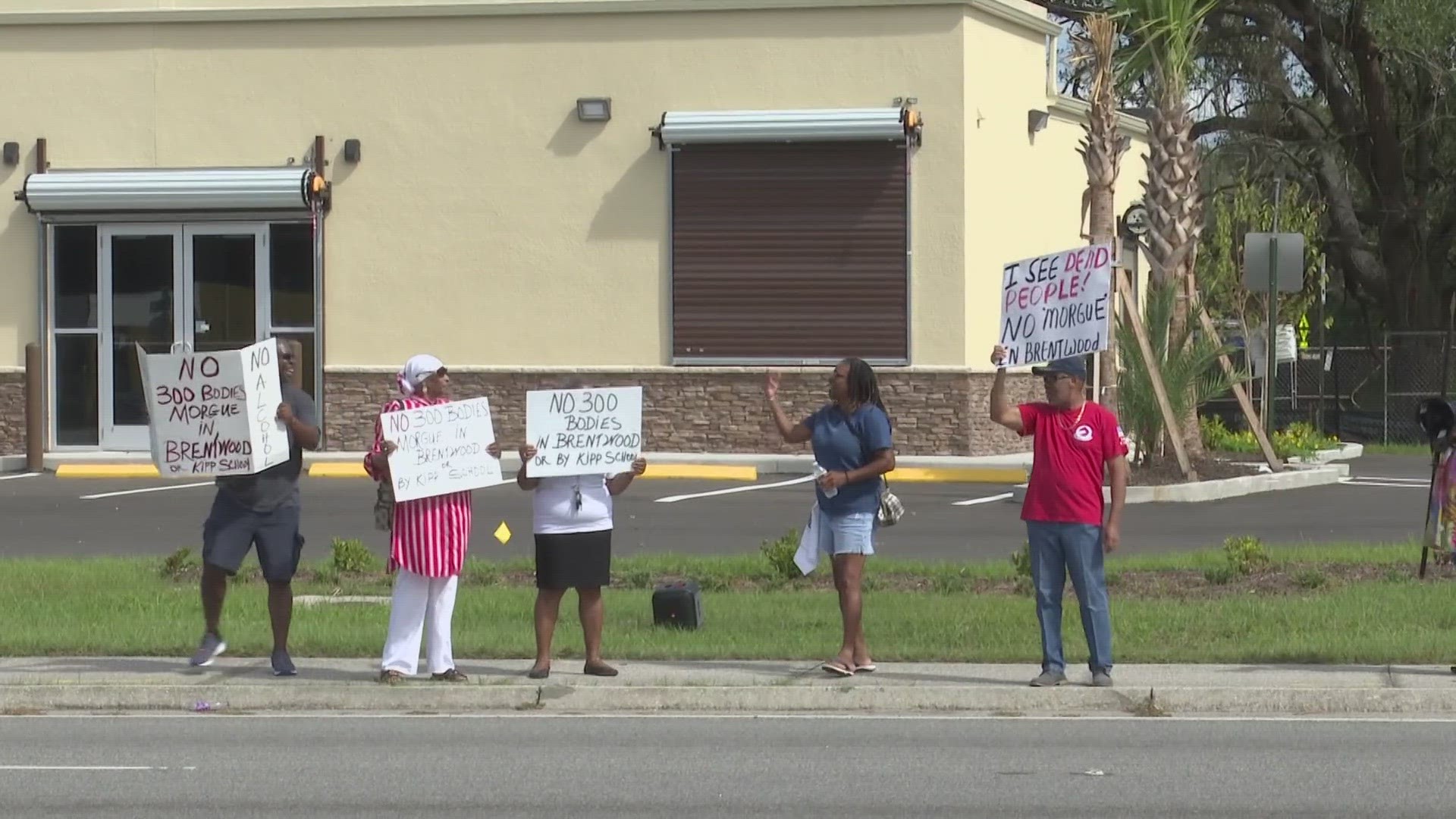 Residents in the Brentwood neighborhood are protesting the construction of a medical examiner's office and morgue on Golfair Boulevard Saturday afternoon.