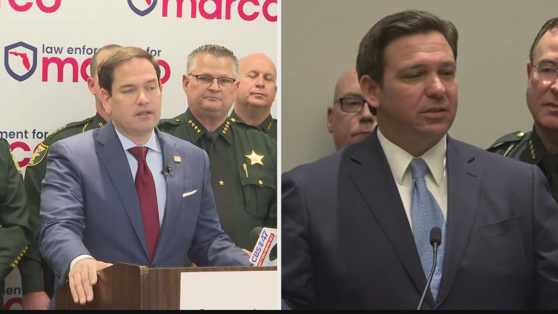 Two of Florida's most prominent Republicans, both up for reelection in November, gathered with dozens of sheriffs in Jacksonville Monday.