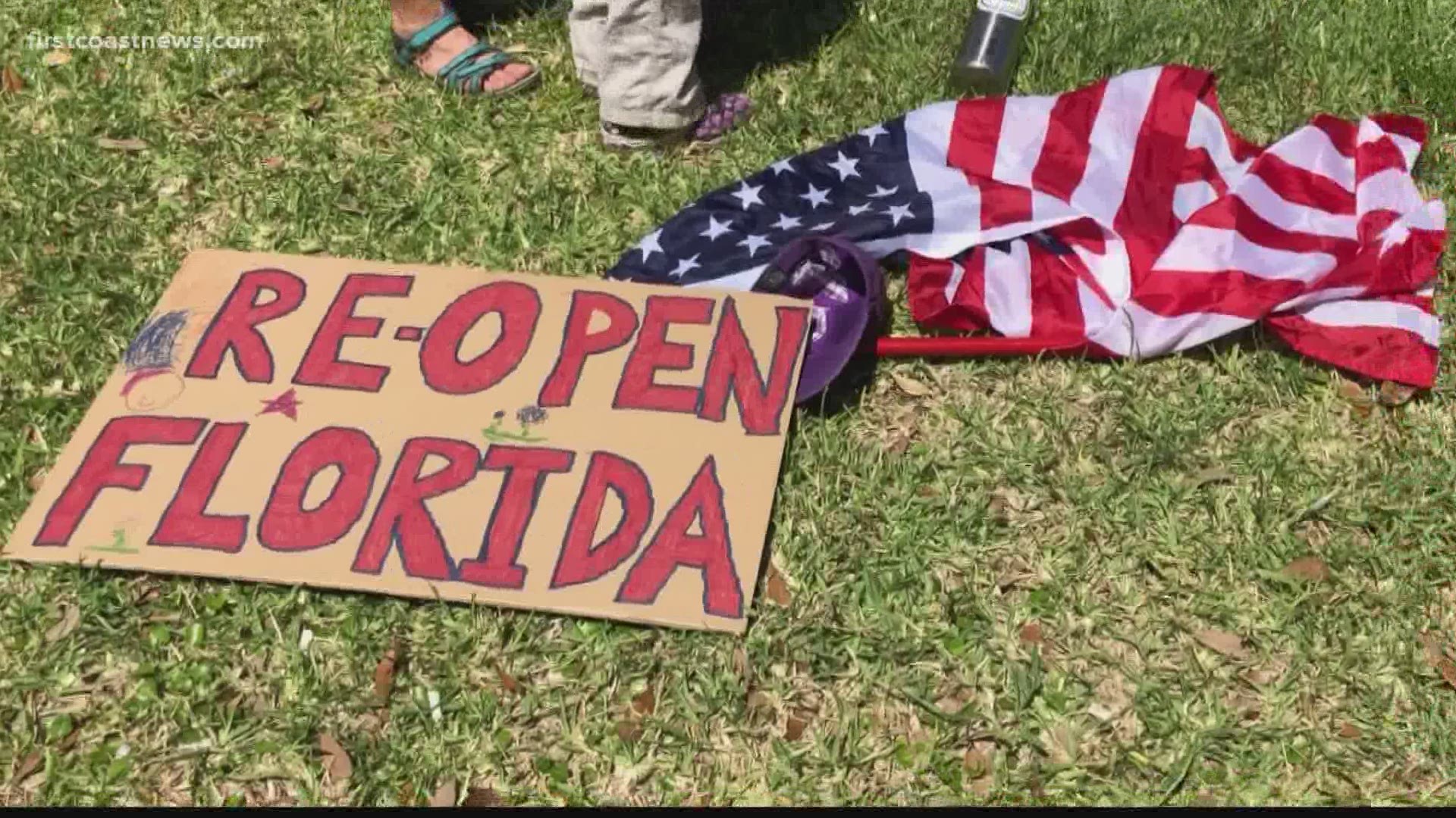 A group of nearly 100 protesters gathers downtown, demanding that Gov. Ron DeSantis allow businesses in Florida to re-open.