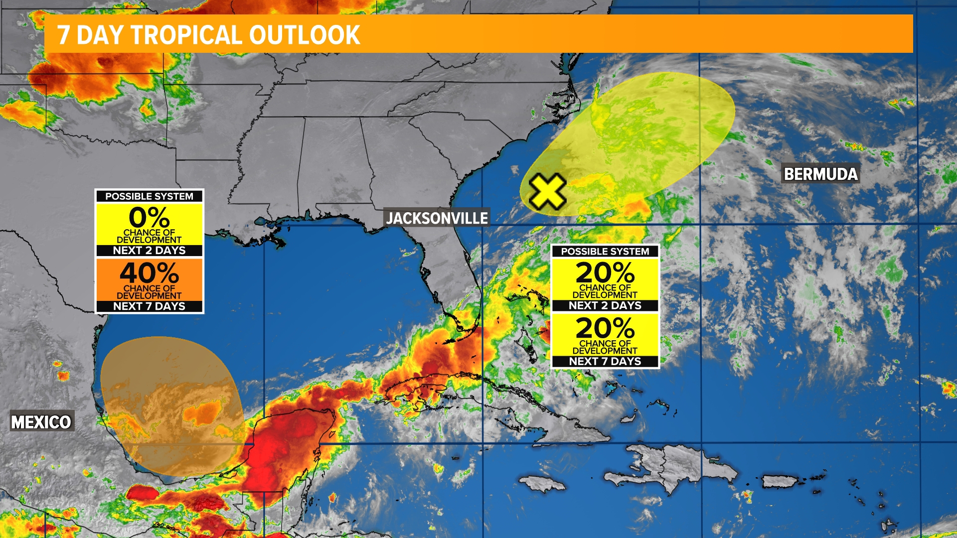 A broad area of tropical convection moves off to our northeast, while the Bay of Campeche could see activity early next week.