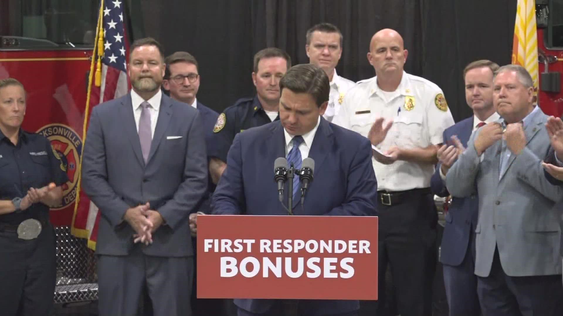 Ron DeSantis spoke in Jacksonville Monday, announcing bonuses for first responders.
