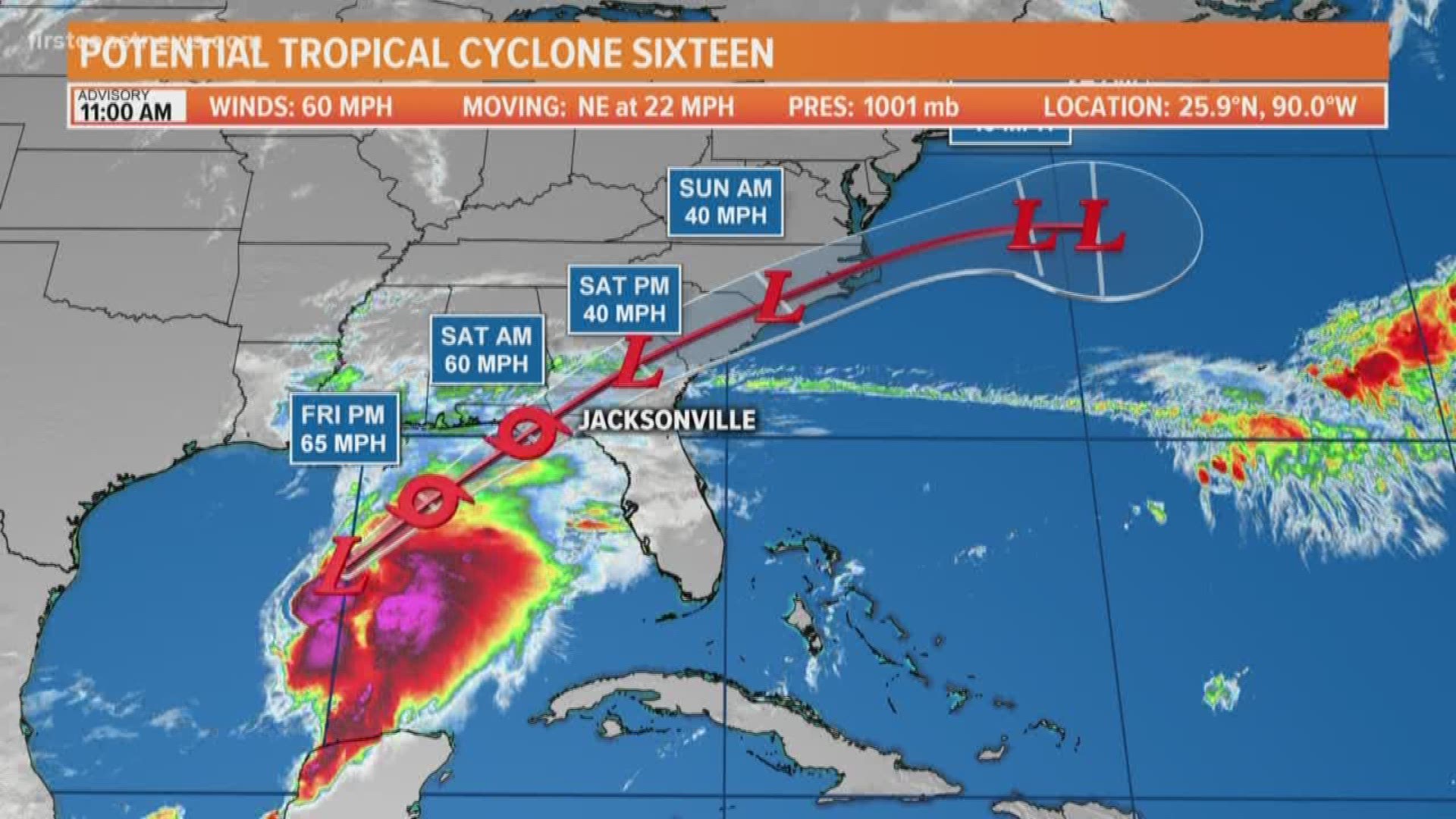 Potential Tropical Cyclone Sixteen, soon to be named "Nestor" is organizing in the Gulf and is headed our way. The storm surge threat will be on the Gulf Coast.
