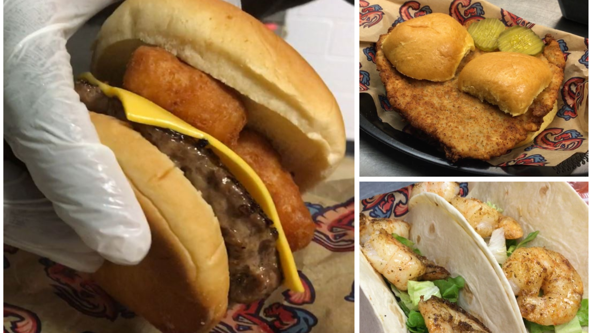 We tried the mac and cheeseburger, shrimp tacos and a gigantic fried pork sandwich called "The Great Hambino!"
