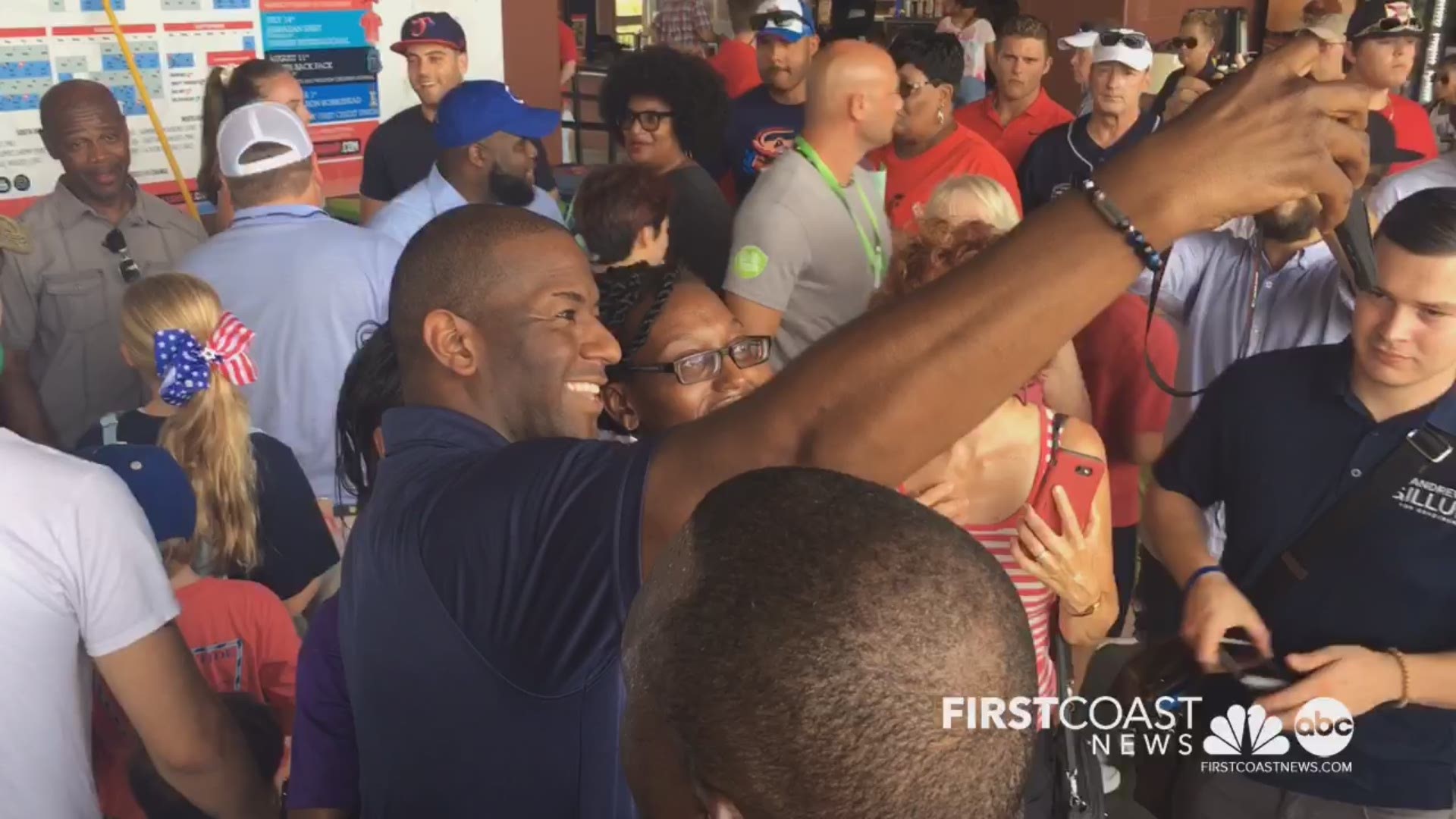 Andrew Gillum, winner of last week's Democratic Florida governor primary, attracted a large crowd Monday at the season finale game of the Jacksonville Jumbo Shrimp.