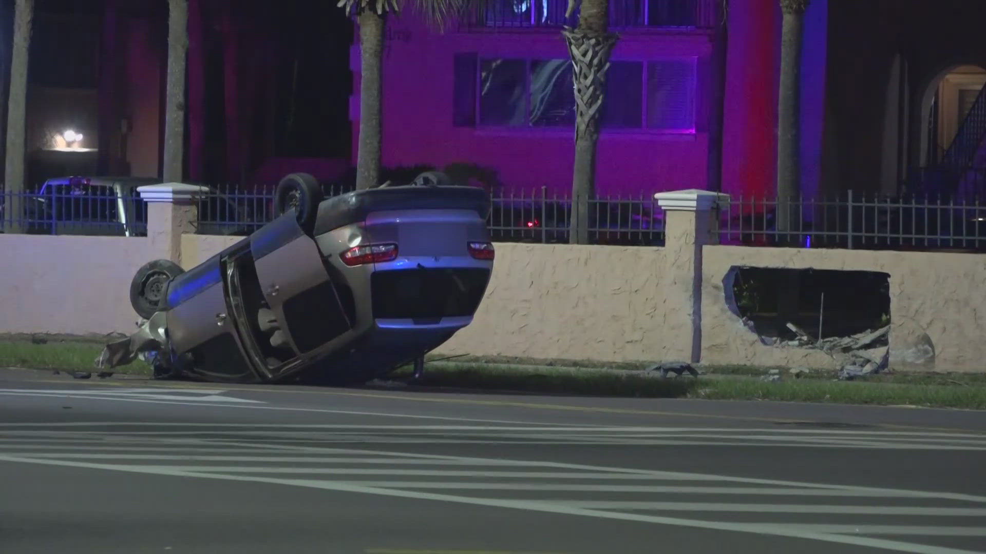 First Coast News crews on the scene saw a gaping hole in a barrier wall and a vehicle upside down on the roadway.