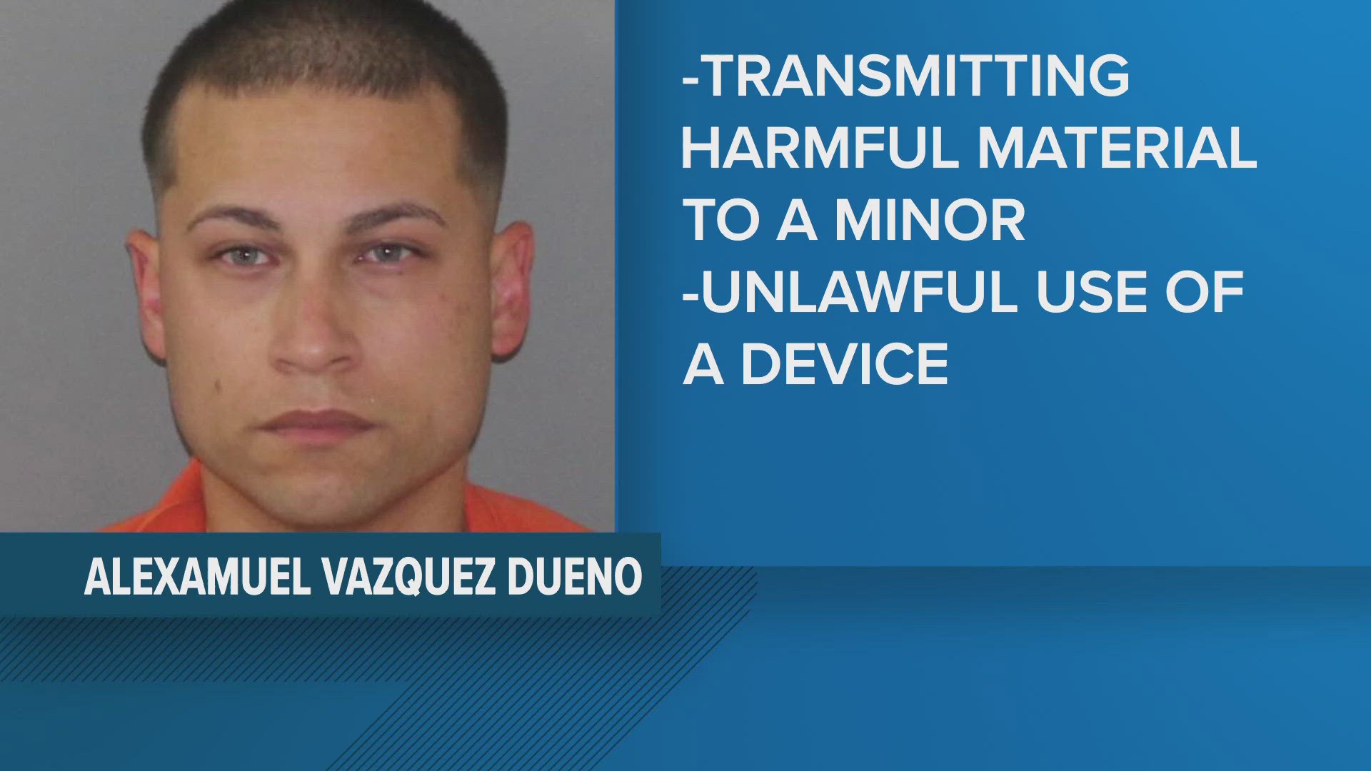 Alexamuel Dueno, 29, was charged with transmitting harmful material to a minor and unlawful use of a two-way communication device.