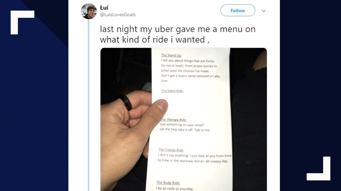 Uber driver offers hilarious ride type menu for passengers |  