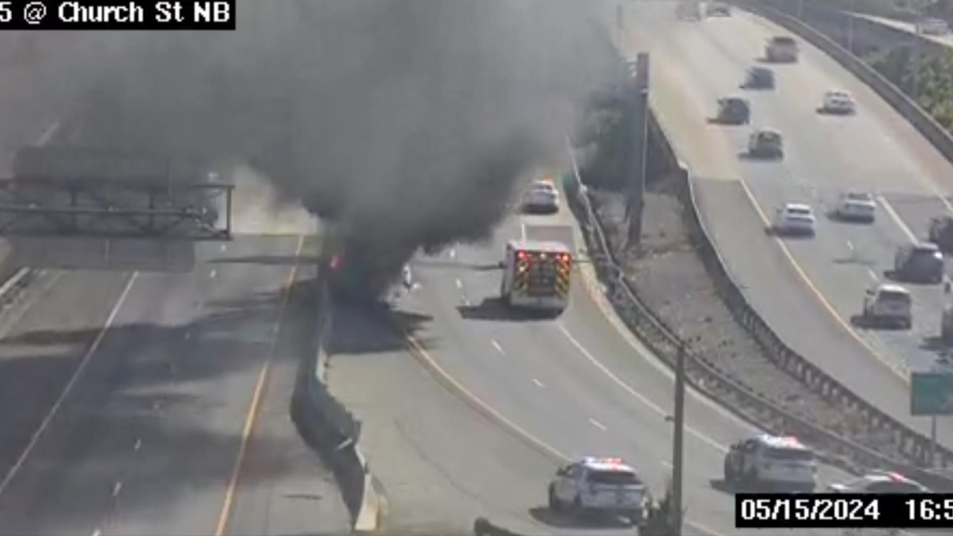 Plumes of smoke covered the roadway around 4:50 p.m.
