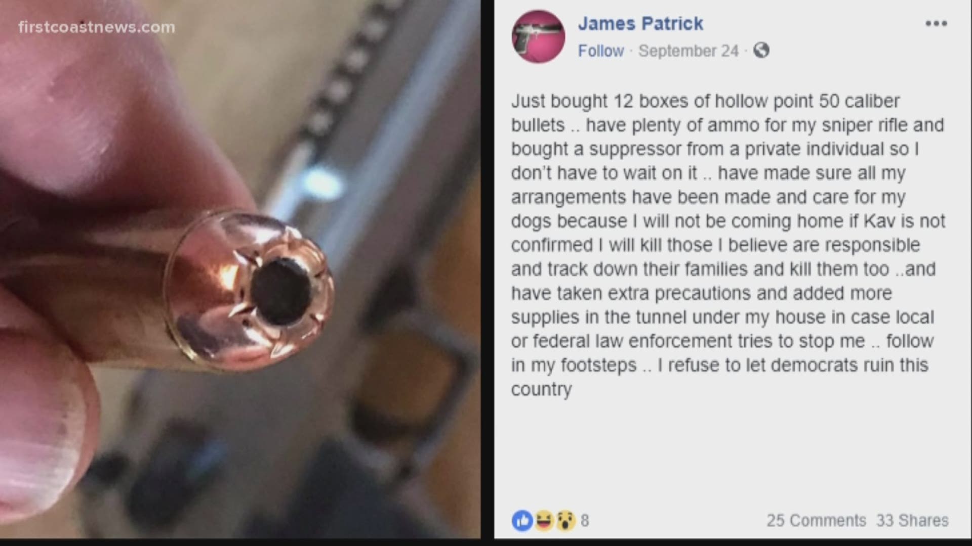 Police say James Patrick posted a message on Facebook threatening to kill democrats and "weak Republicans" and shoot any police officer that tried to stop him.