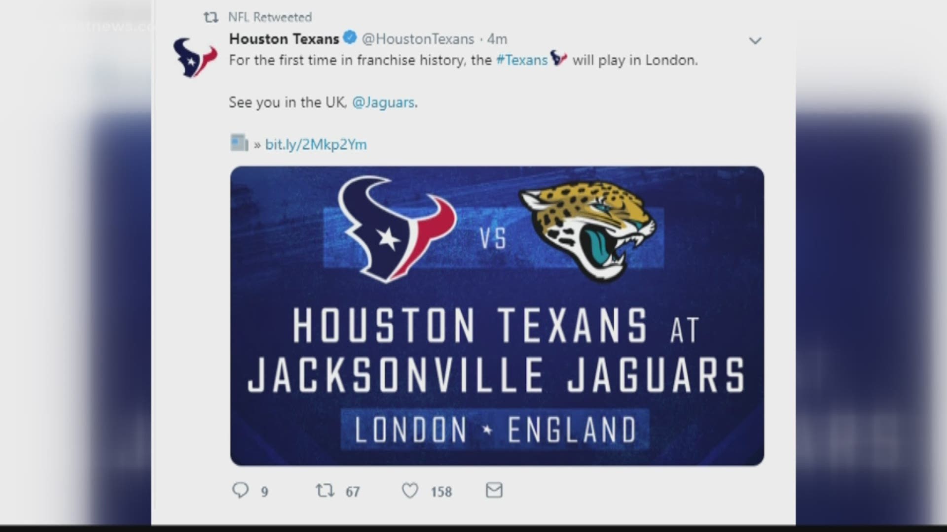 The Jacksonville Jaguars will play against the Houston Texans this year in London.