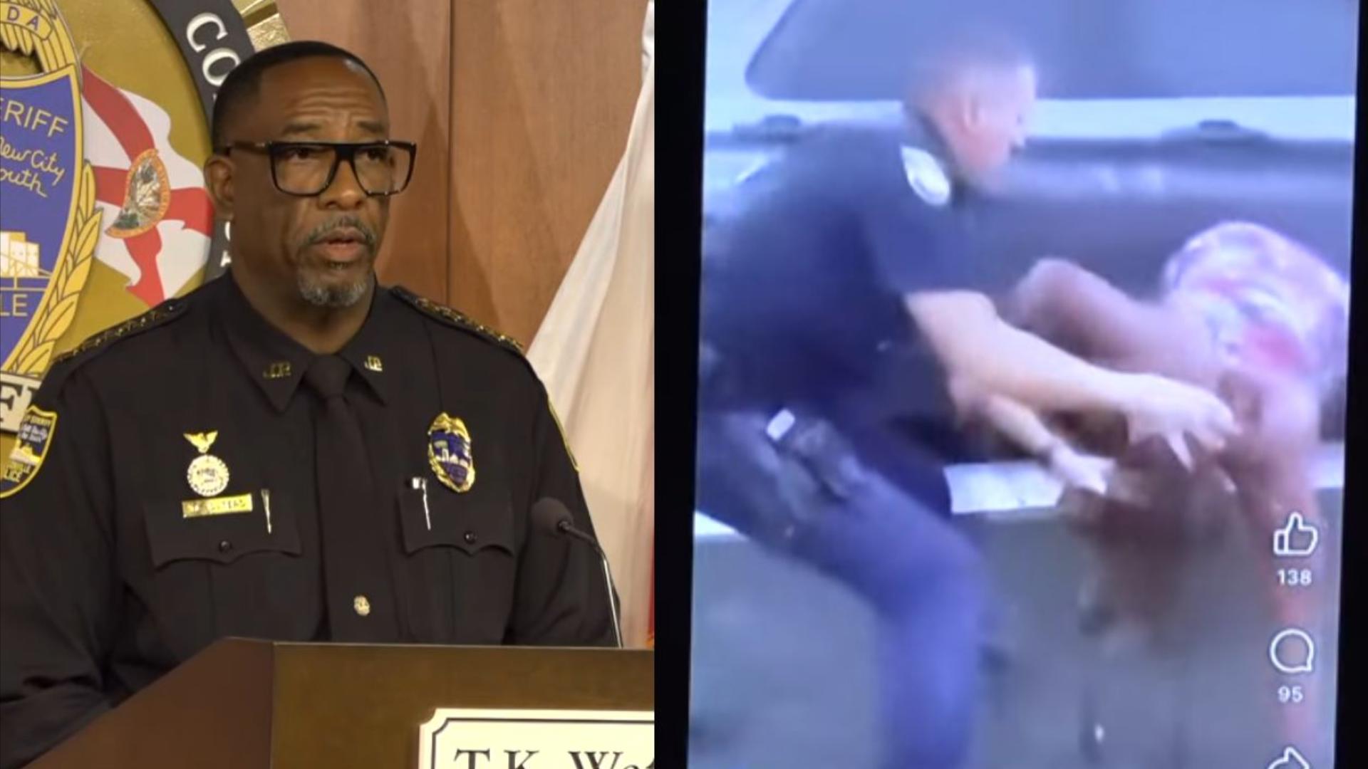 Sheriff T.K. Waters said an officer attempted to talk to the woman about her running car, but the woman "escalated the verbal conversation to physical violence."
