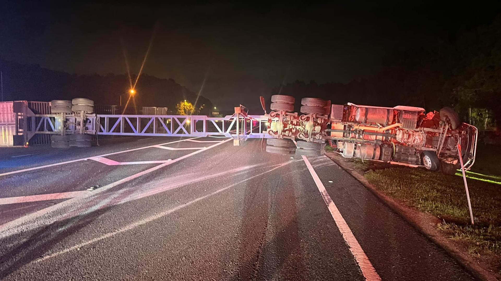 St. Johns County Fire Rescue says a semi-truck overturned on the interstate.