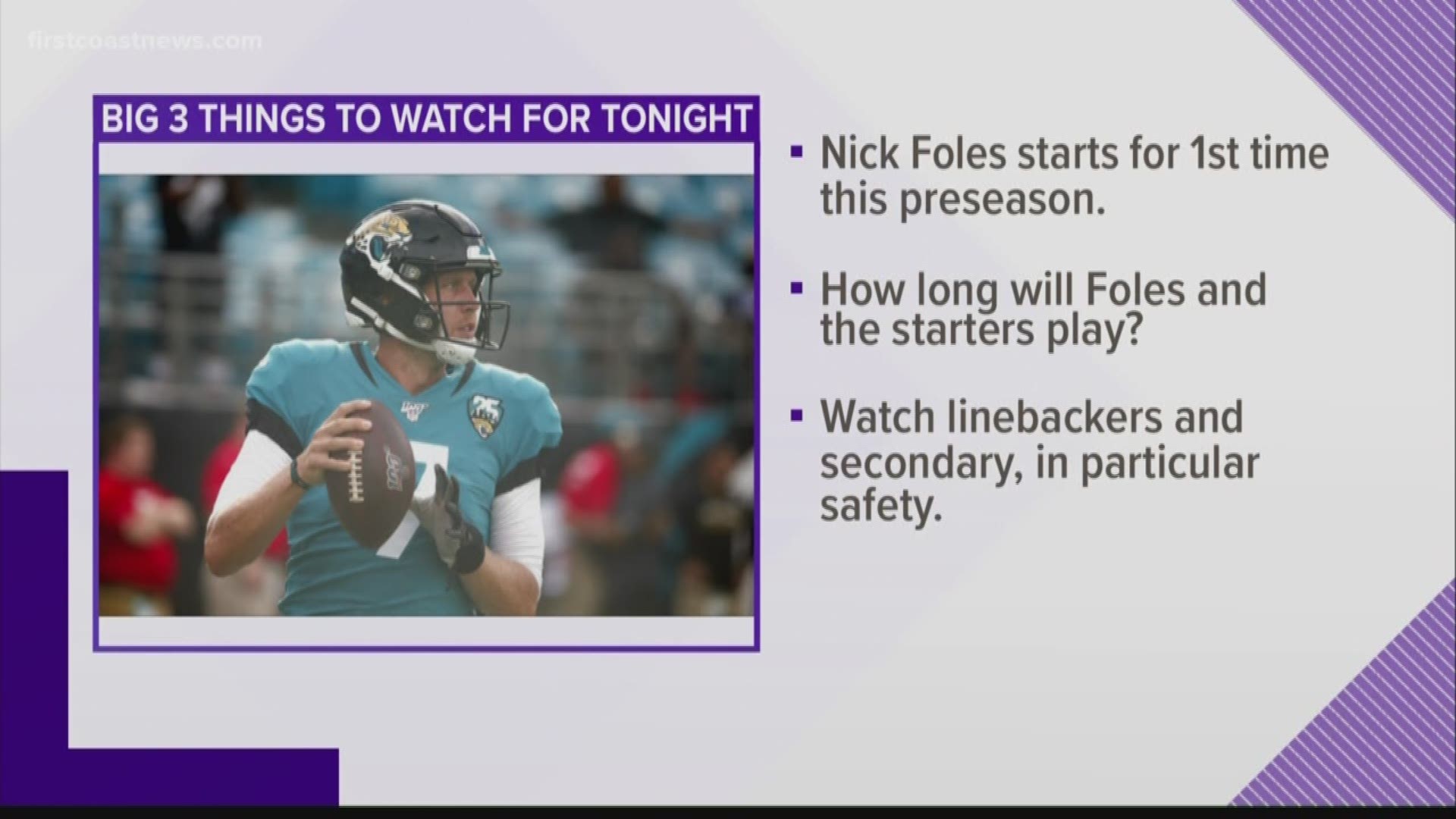Big three things to watch out for include the performance by Nick Foles, how long he will play for and linebackers and secondary.