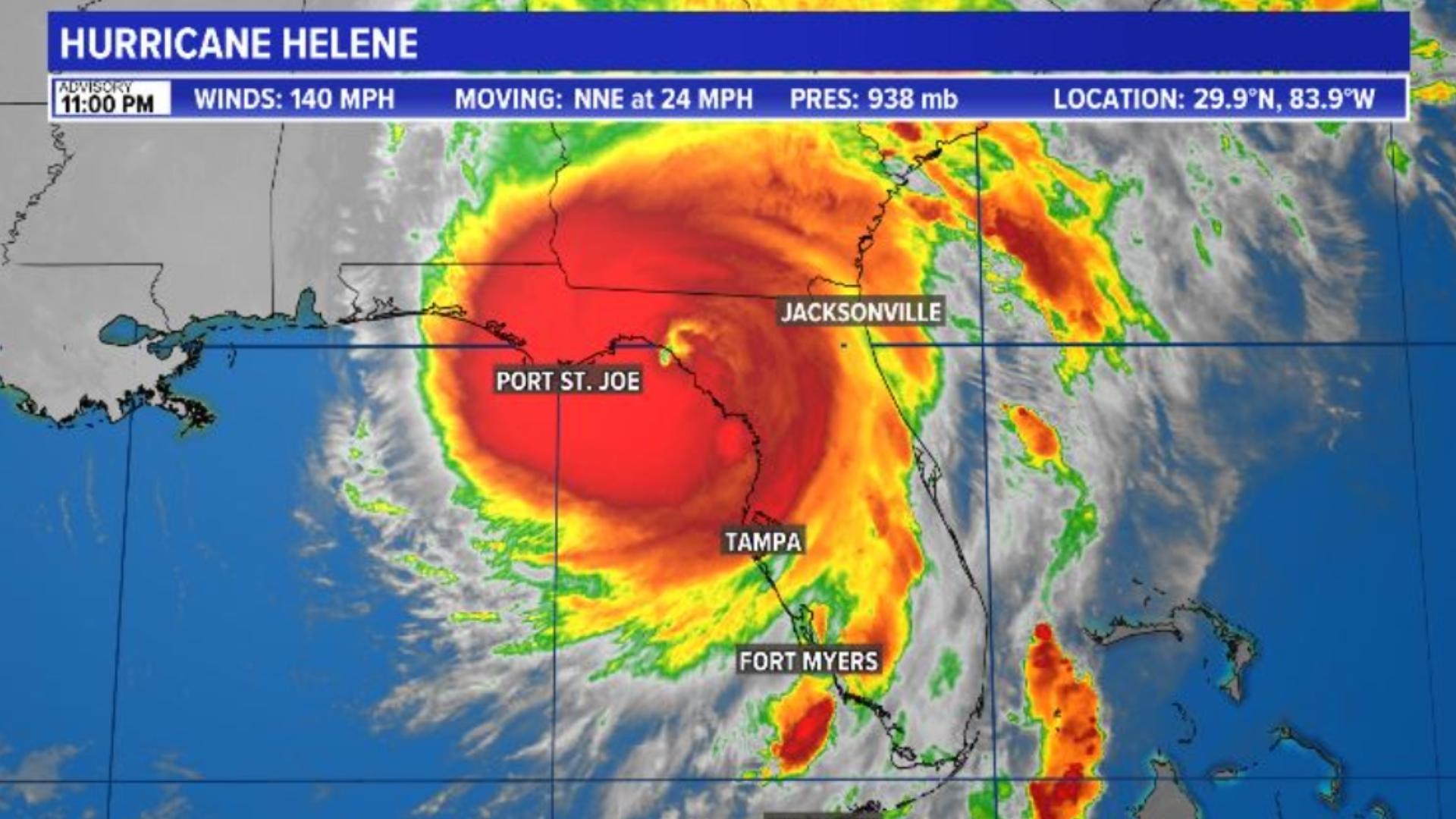 The National Weather Service said at 11:10 p.m. Thursday, Helene made landfall about 10 miles southwest of Perry, Fla., bringing maximum sustained winds of 140 mph.