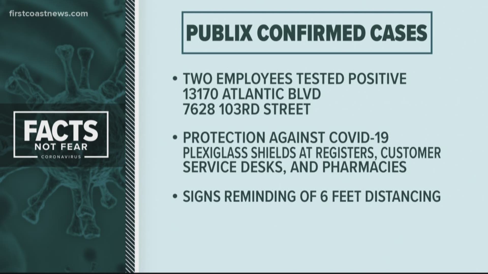 Publix said the employees worked at a store at 13170 Atlantic Blvd. Ste. 29,  and 7628 103rd St. Ste, 24.