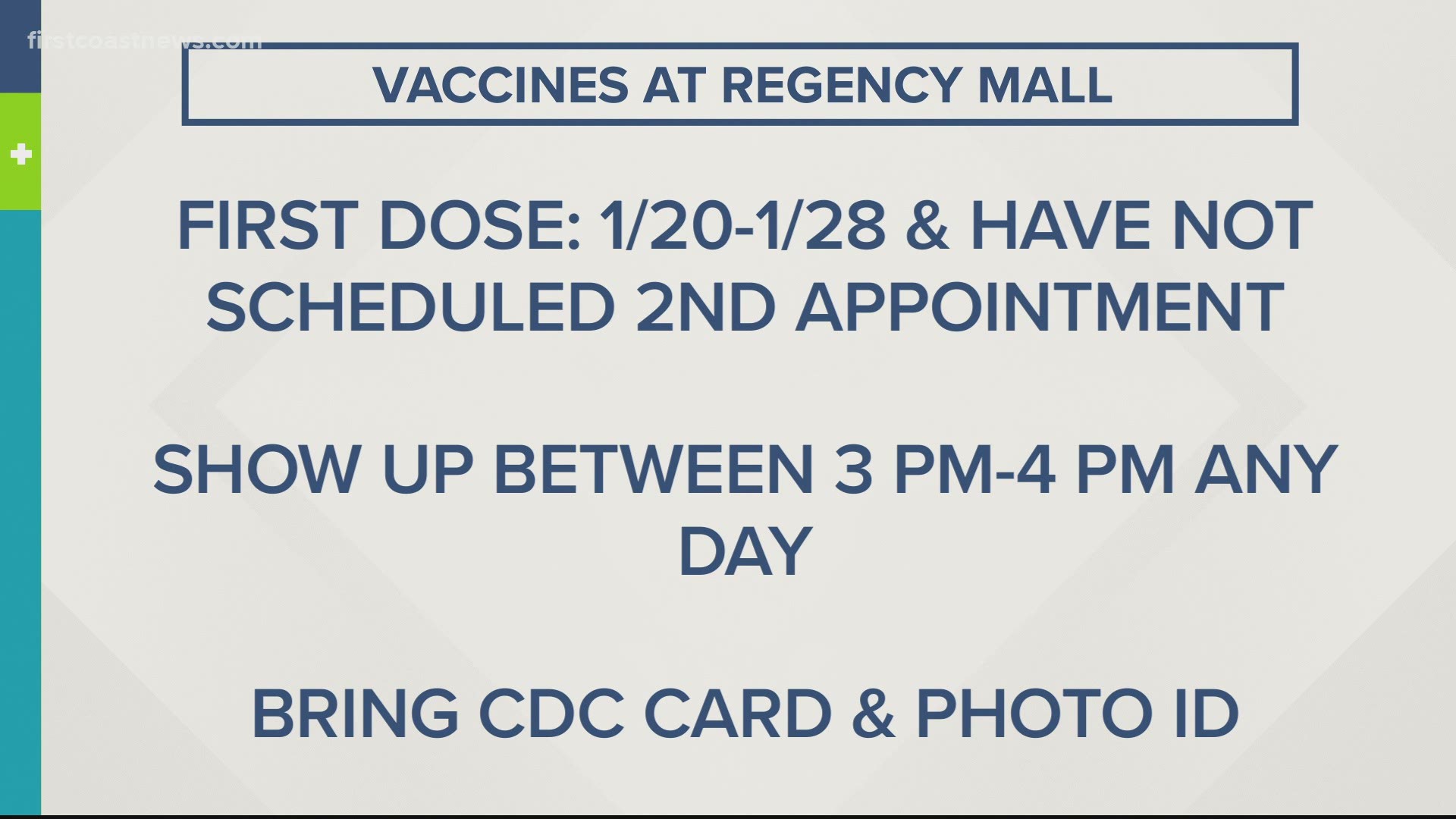 You can show up between 3 p.m. and 4 p.m. any day without an appointment to get your second dose. You still need your CDC card and a photo ID.