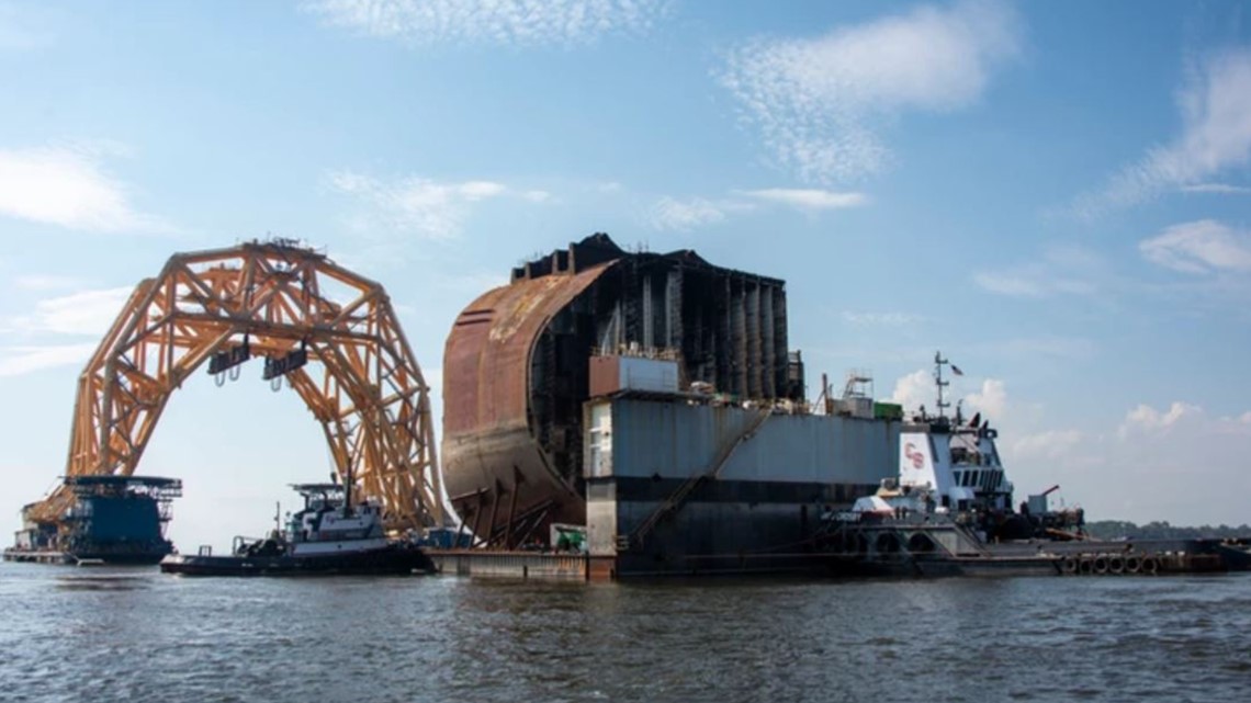 Capsized cargo ship's next section removed from St. Simons Sound