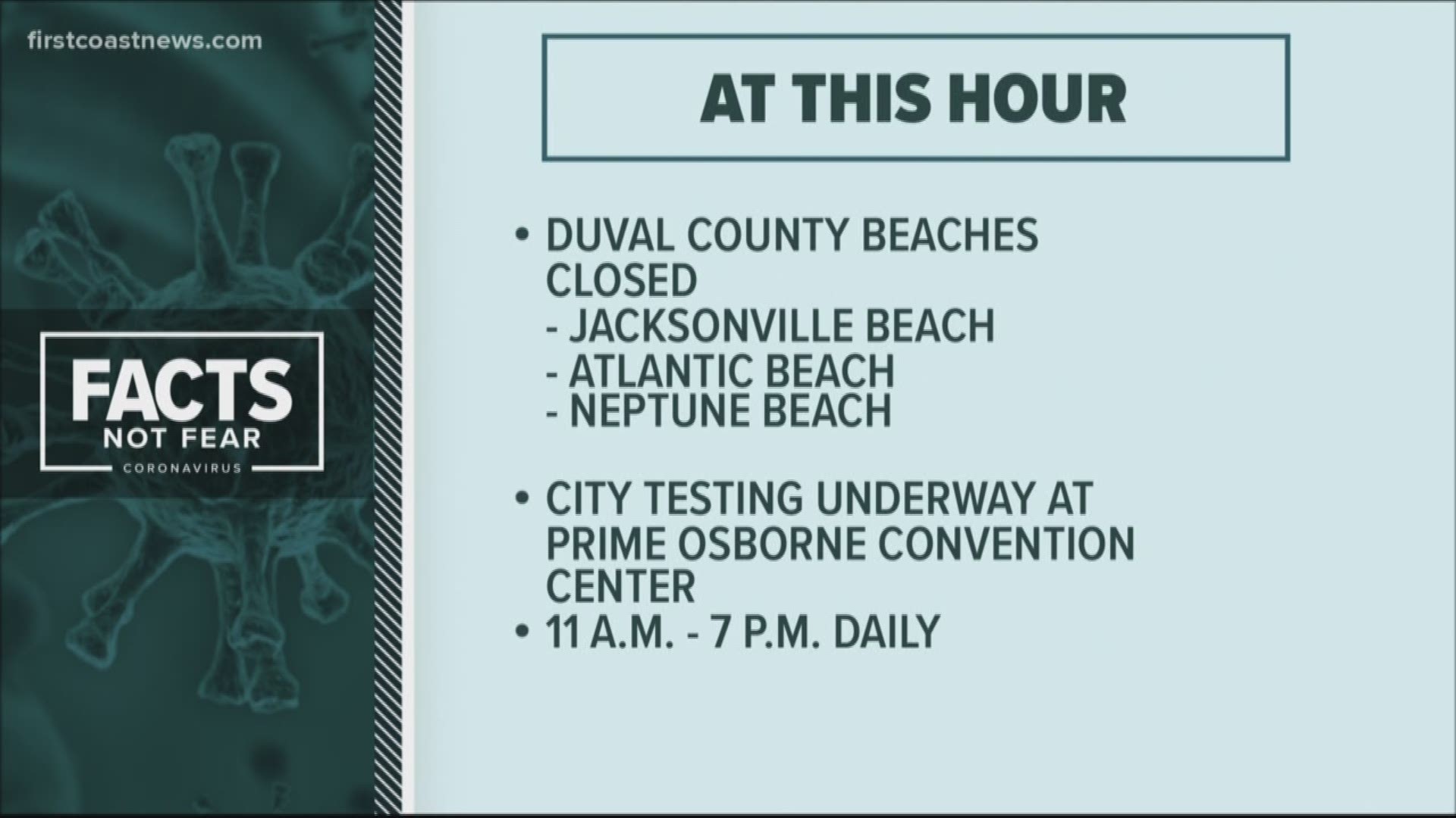 Mayor Curry announces Duval beaches are closde 'indefinitely' and new testing site at TIAA Bank Field opens Saturday.