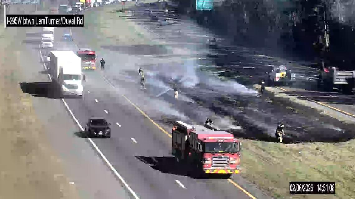 Traffic Alert: Wildfire in median of I-295 near Lem Turner Road causing slowdowns