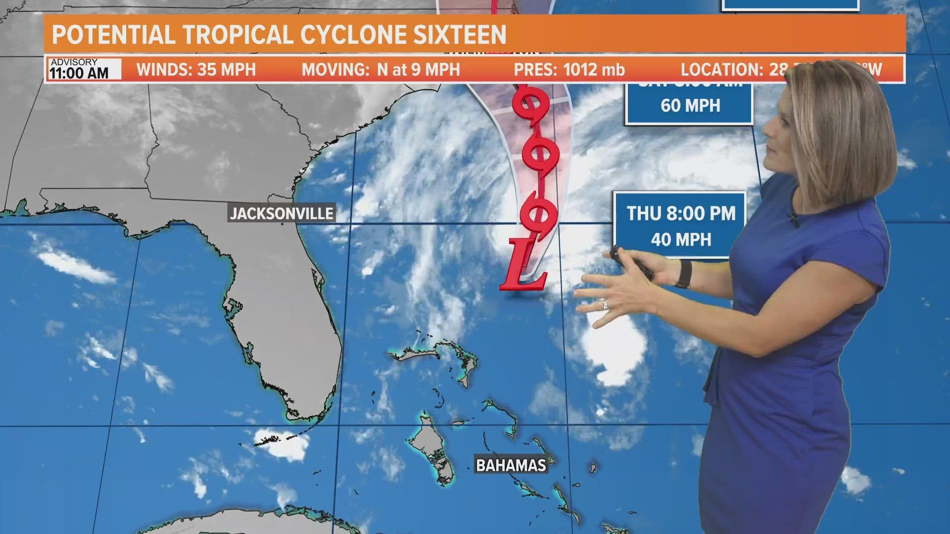 Potential Tropical Cyclone Sixteen is causing coastal showers in Jacksonville that'll move west Thursday afternoon as it is 300 miles offshore from the First Coast.