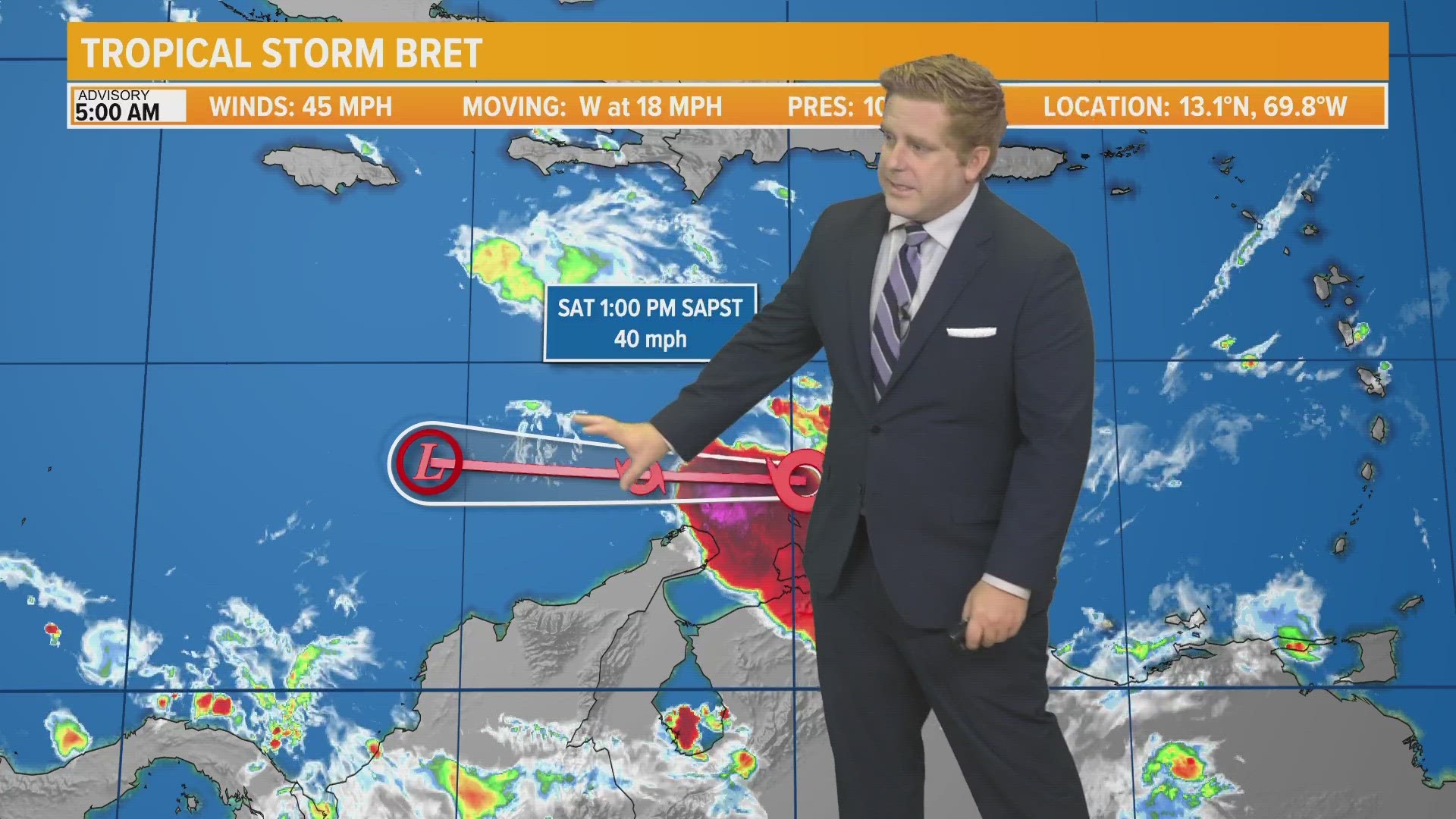 Tropical Storm Bret is continuing to be ripped apart by wind shear and move further into the Caribbean as Tropical Storm Cindy will likely be caught by a front.