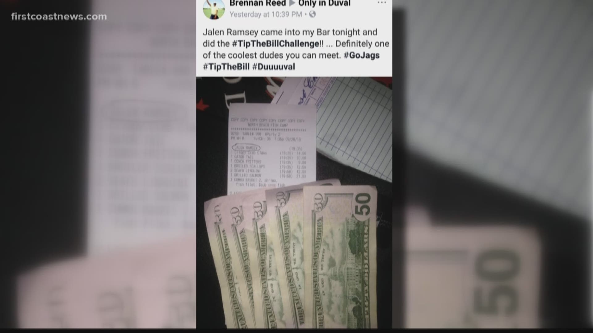 Jaguars all-pro cornerback Jalen Ramsey left a generous tip that matched his bill after a dinner at North Beach Fish Camp Friday night.