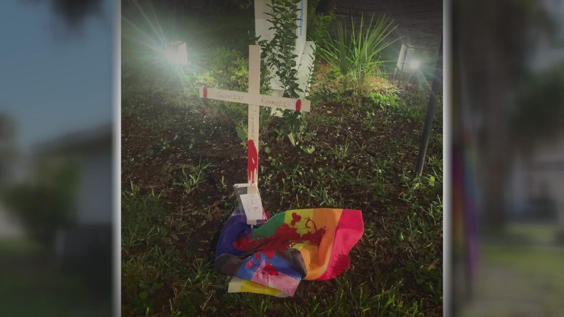 The Riverside Church at Park and King said its Pride flag was found torn down on Oct. 20, staked into the ground with a cross, and covered in red paint.