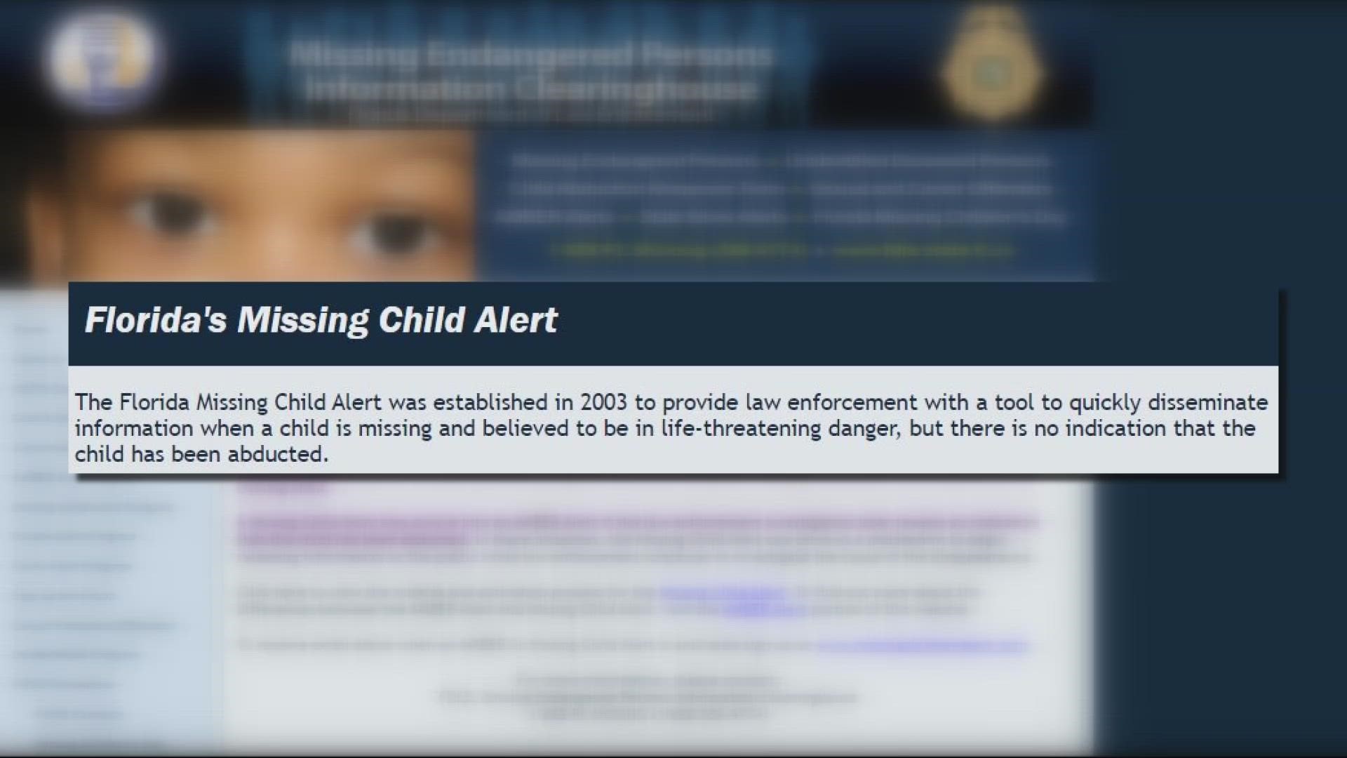 A Florida Missing Child Alert is different than an Amber Alert.