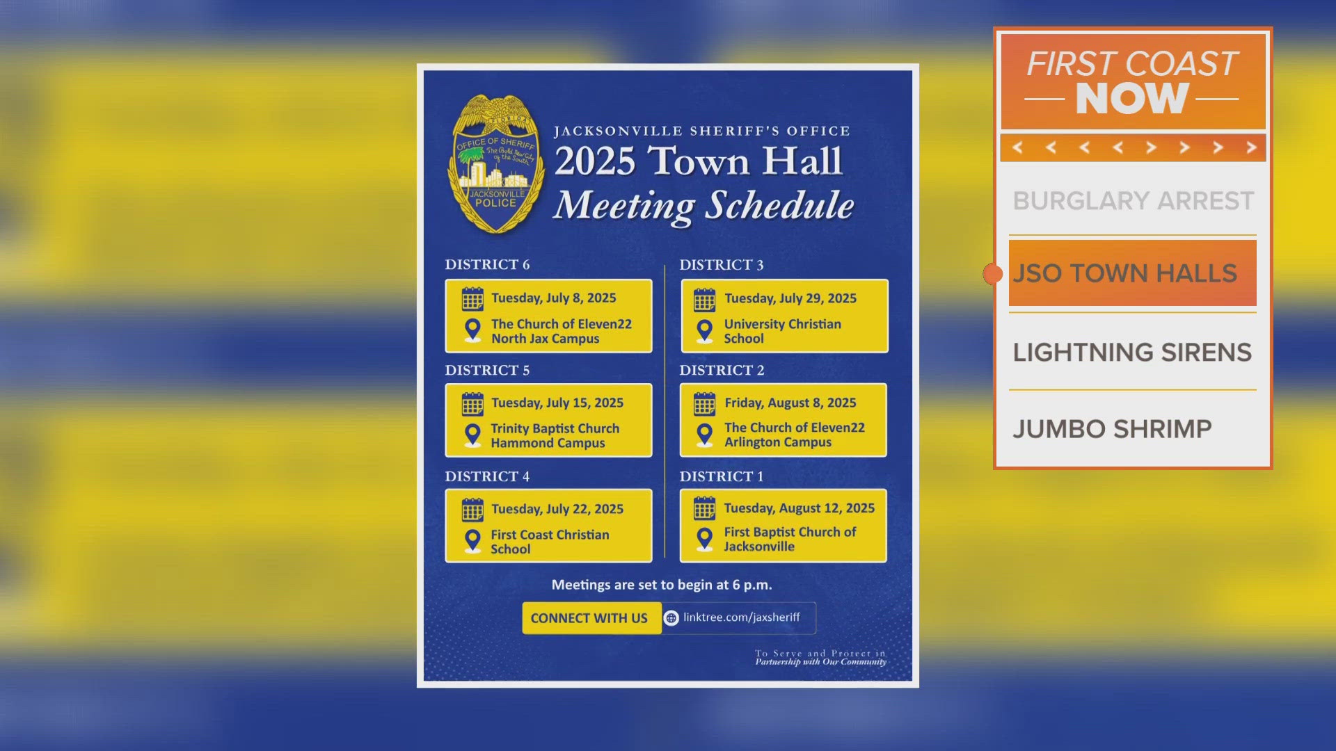 There will be one meeting held for each of JSO's six districts.