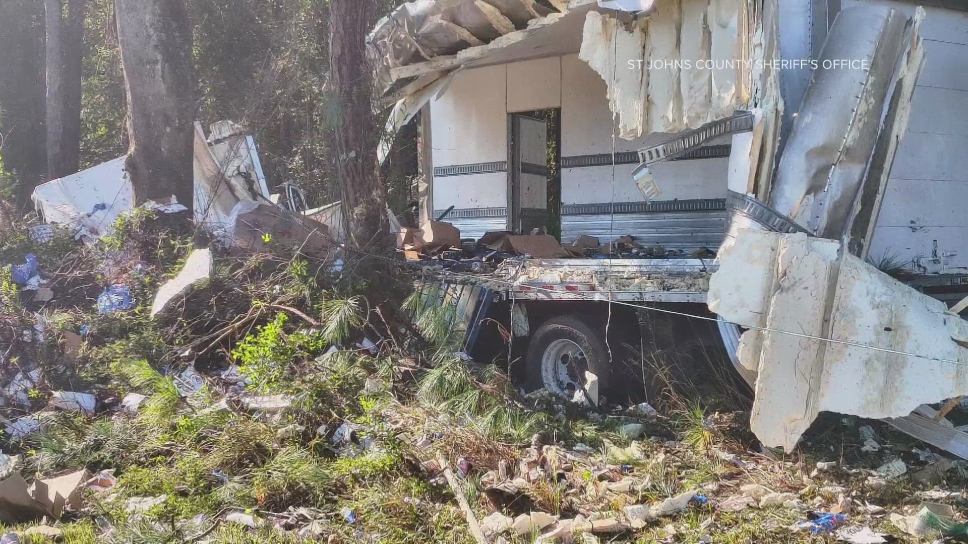 The driver of a box truck died after the truck veered off I-95 South and crashed into multiple trees, according to St. Johns County Fire Rescue.