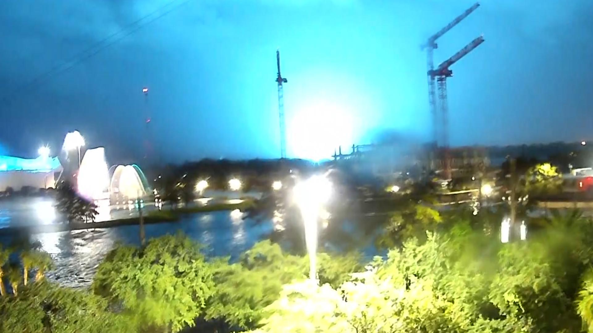 First Coast News' tower camera captures apparent transformer explosion Thursday night as Hurricane Helene makes landfall in Florida.