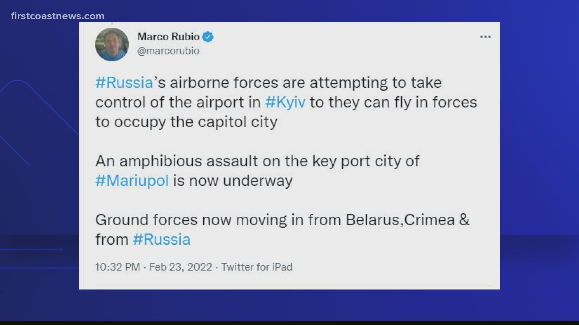 "#Russia isn’t just focused on seizing eastern #Ukraine. Russian military forces are working towards isolating #Kyiv at this very moment," Rubio said in one tweet.