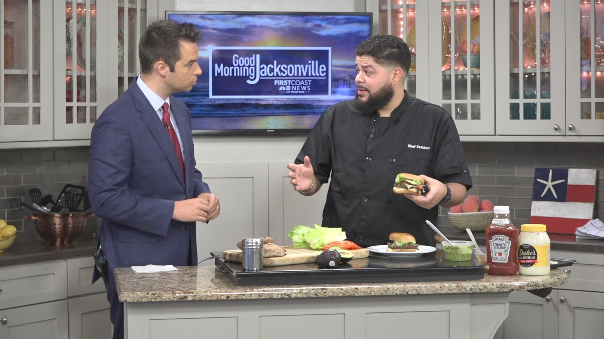 Key ingredients to build the burger include portabella mushrooms, brioche buns, lettuce, tomato, pepper jack cheese, avocado and special sauces from El Cubano Jax.