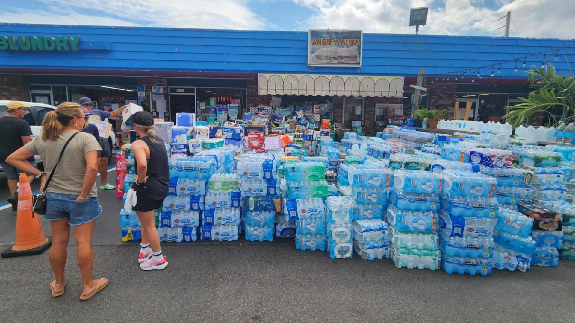 By Tuesday afternoon, piles and piles of supplies were stacked in front of Angie's Subs, ready to be delivered to North Carolina.