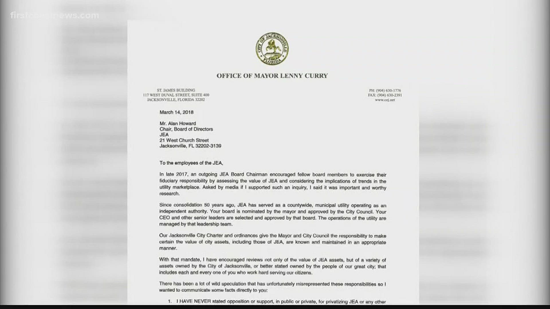 Mayor Curry sent a letter to JEA employees recently.