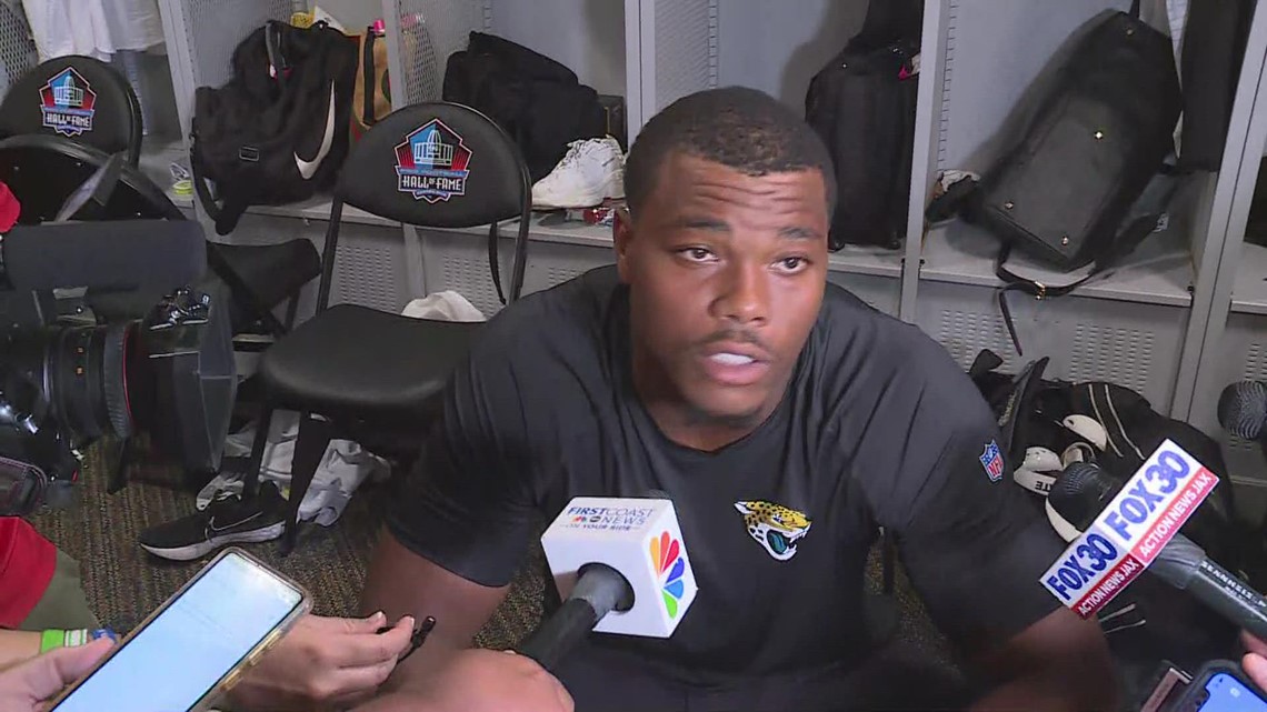 Travon Walker speaks after the Jaguars 27-11 loss to the Raiders in the Hall of Fame Game