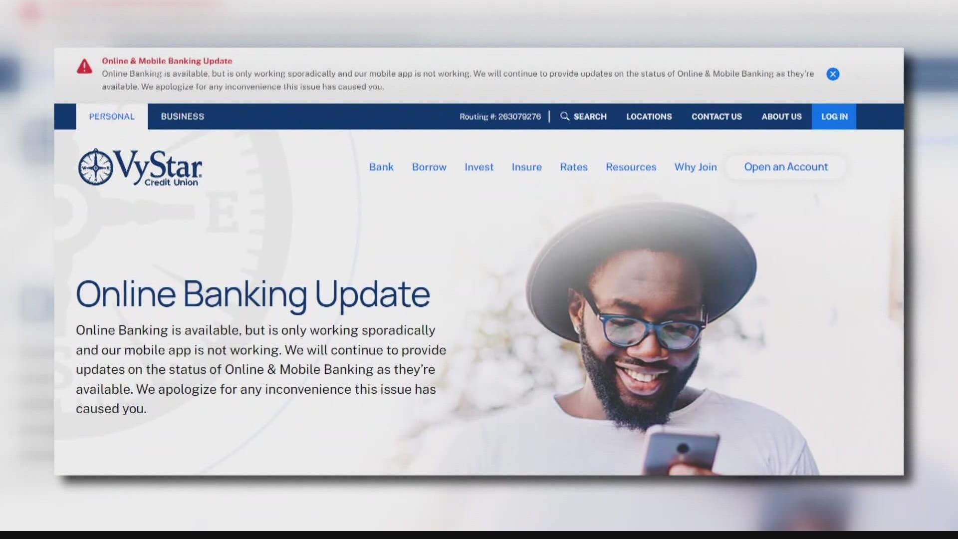 VyStar Credit Union's online and mobile bank system remains down