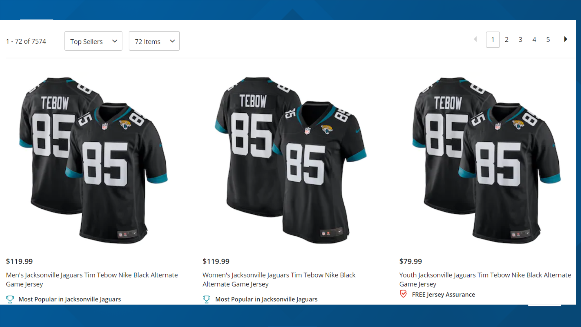 Jacksonville Jaguar Tim Tebow jerseys top seller in NFL Shop