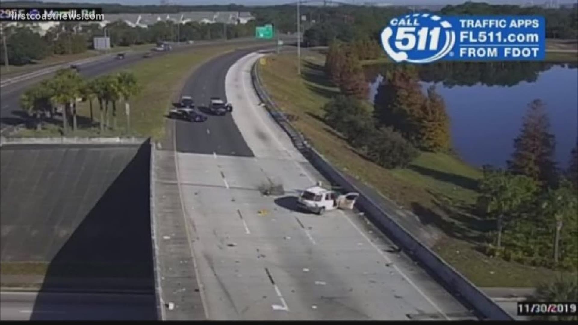 FHP said a 55-year-old man struck a barrier after losing control of his vehicle while going around a curve near Merrill Road and I-295.