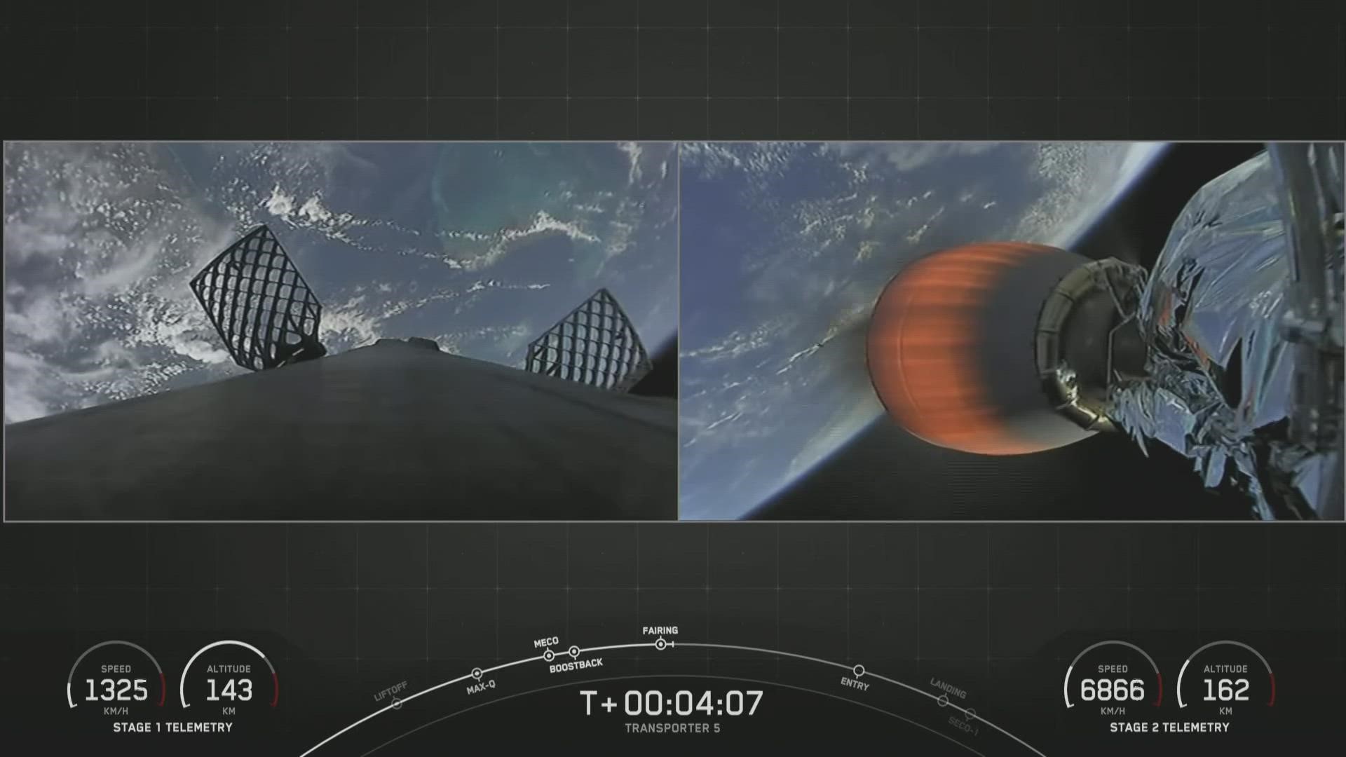 SpaceX Falcon 9 rocket launch the Transporter 5 mission carrying satellites for commercial and government customers.