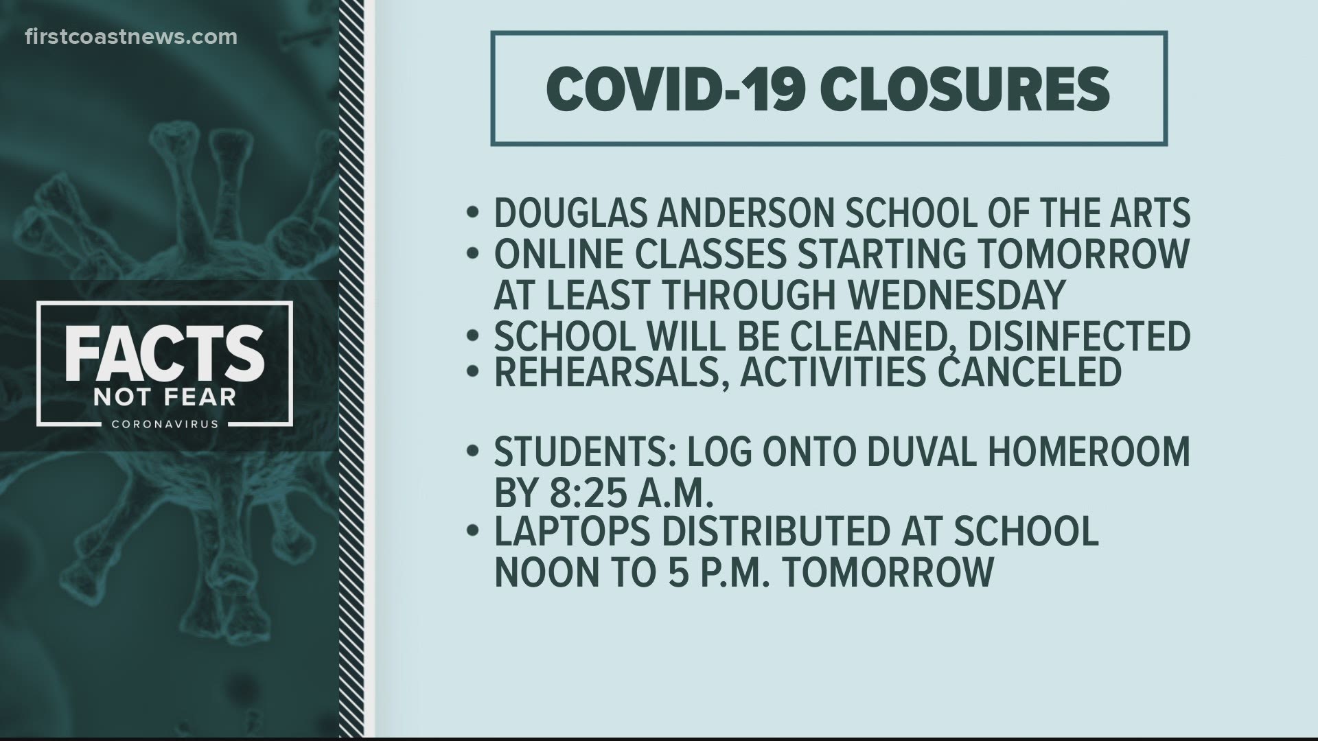 A spokesperson for Douglas Anderson said the school will be on Duval HomeRoom at least through Oct. 21.