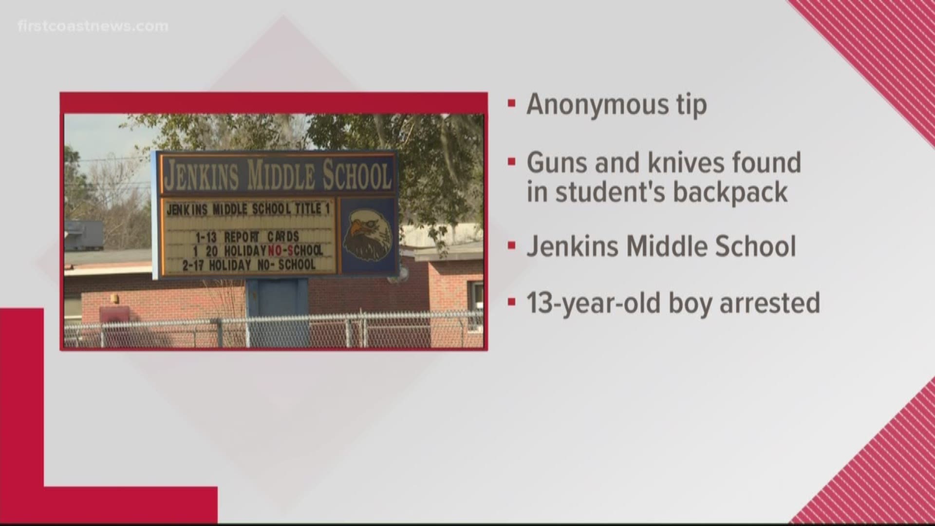 Jenkins Middle School in Palatka, Fla. was placed under a modified lockdown Tuesday afternoon after multiple weapons, including two handguns, were found.