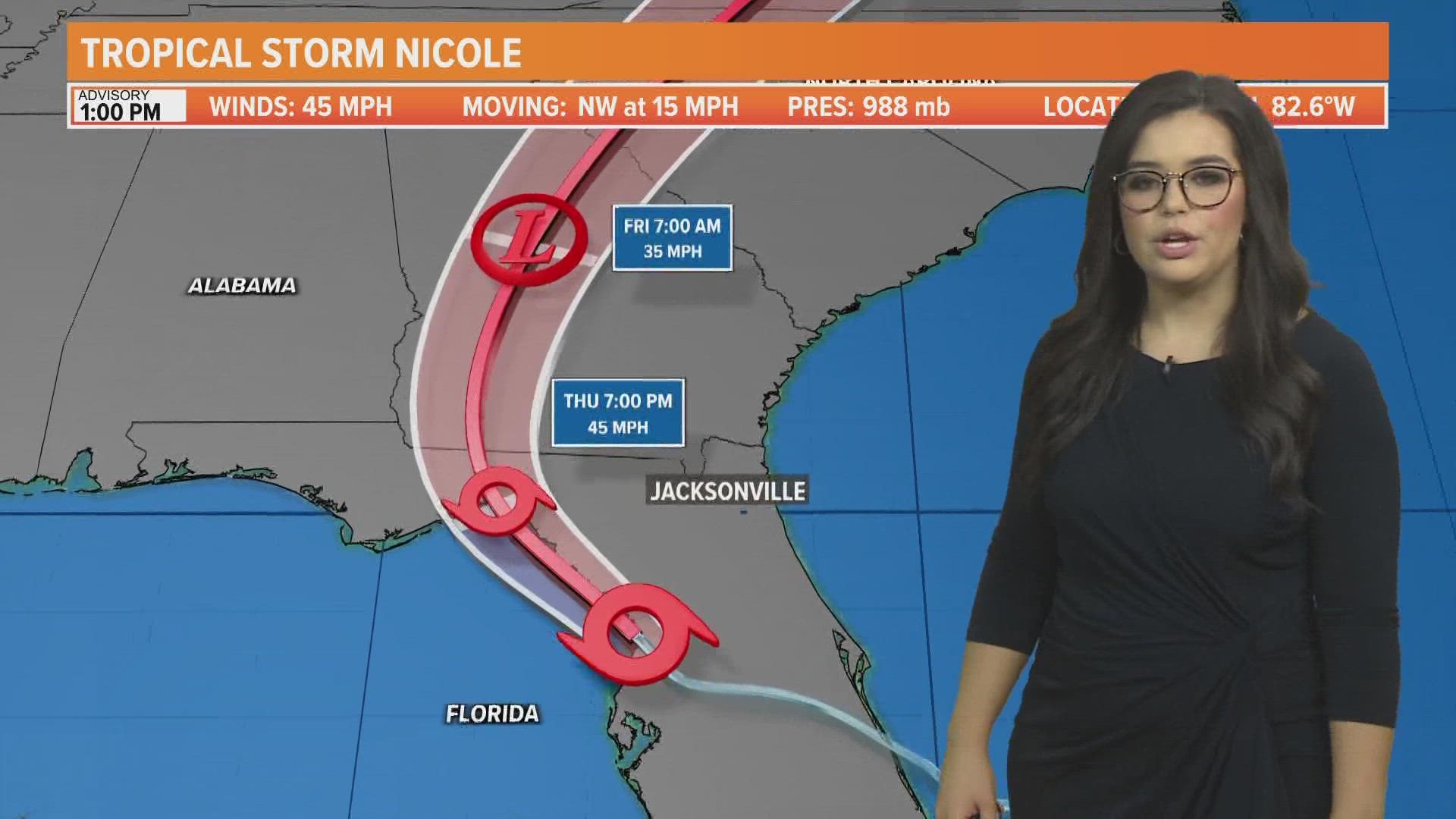 The storm is moving towards Georgia. The stormiest time for the First Coast is expected to be now through 4 p.m. tomorrow.