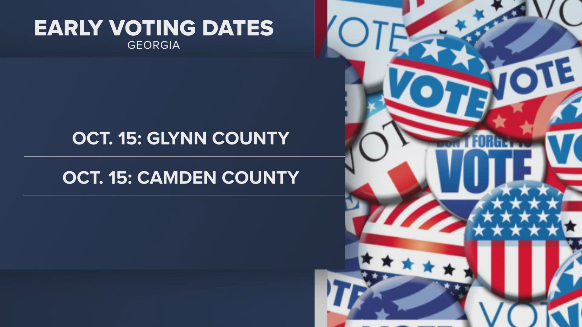 Early voting for Glynn and Camden counties kicks off Oct. 15, while early voting in Duval & St. Johns counties starts Oct. 21. For Clay, early voting begins Oct. 22.