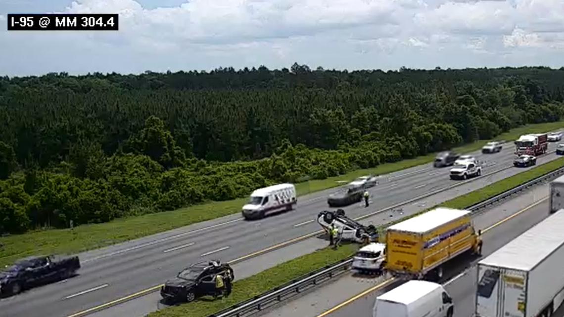 Car flips on I-95 in St. Johns County, two people taken to