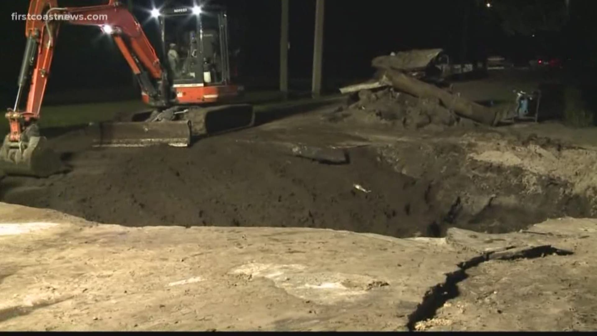 The sinkhole was reported in the 5300 block of 118th Street near Sundown Drive. JEA crews shut down the area as they worked to repair it through the night.
