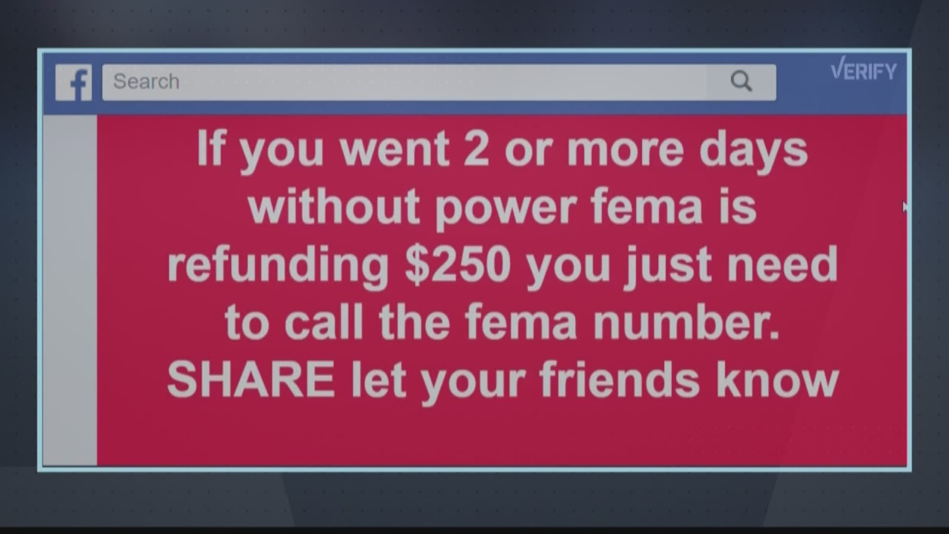 A popular social media post alleges FEMA will pay you cash if your power was out during Irma.
