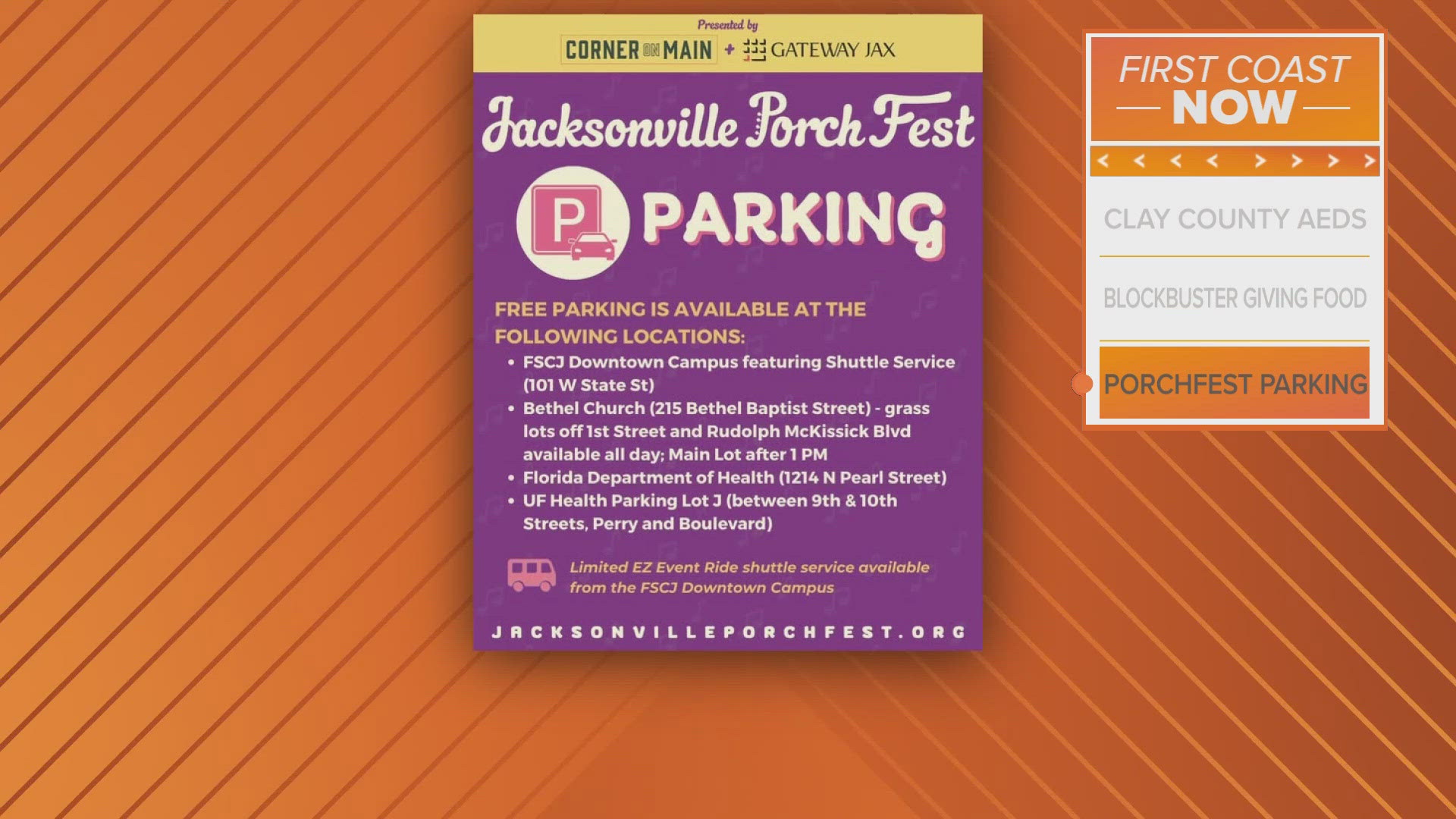 Options for free parking include FSCJ's downtown campus, Bethel Church's main and grass lots, the health department on Pearl Street and UF Health Parking Lot J.