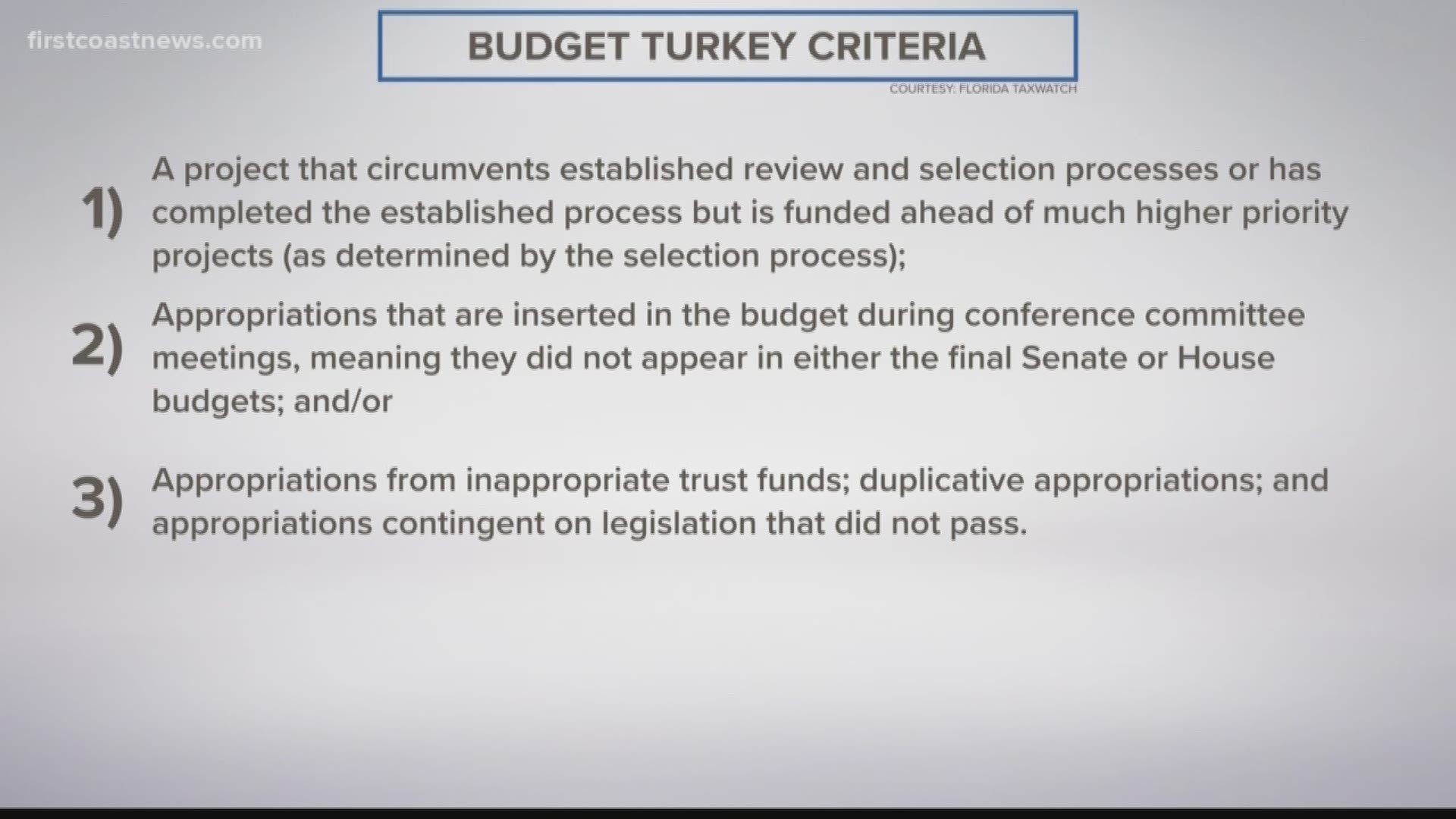 Of that, there are 109 items worth $133 million that qualify as budget turkeys. That's according to a new report out by Florida TaxWatch.