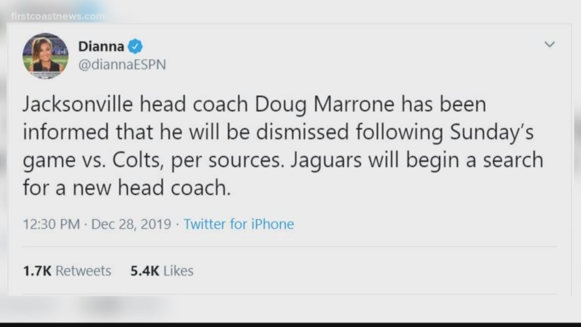 ESPN’s Dianna Russini tweeted Saturday that Jaguars head Coach Doug Marrone has been informed that he will be dismissed following Sunday’s game against the Colts.